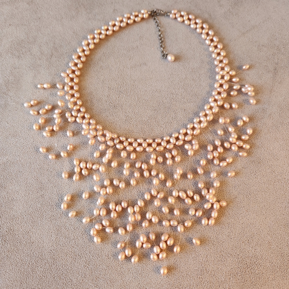 Cascading bib necklace pink pearl beaded 925 silver bridal pastel clean beauty